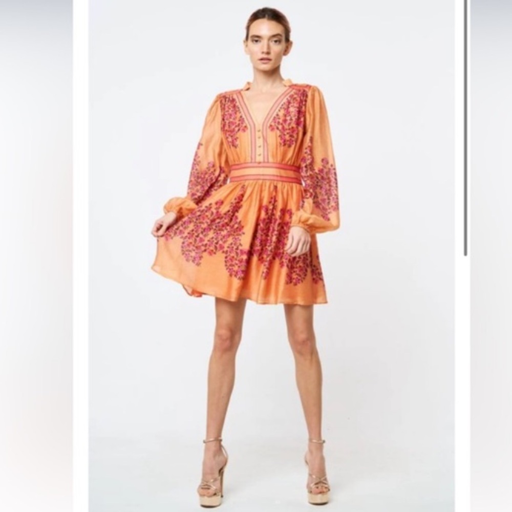 CIEBON Mango Orange Purple Floral Long Sleeve Linen Blend Dress! - Picture 3 of 15